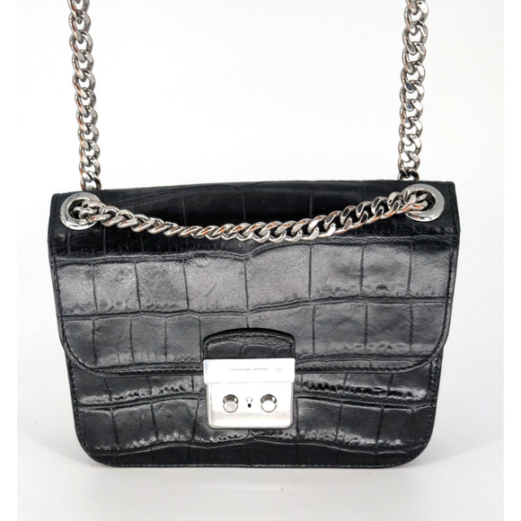 Michael Kors Sloan Editor Black Leather Crocodile Embossed Chain Strap Handbag - Picture 13 of 14